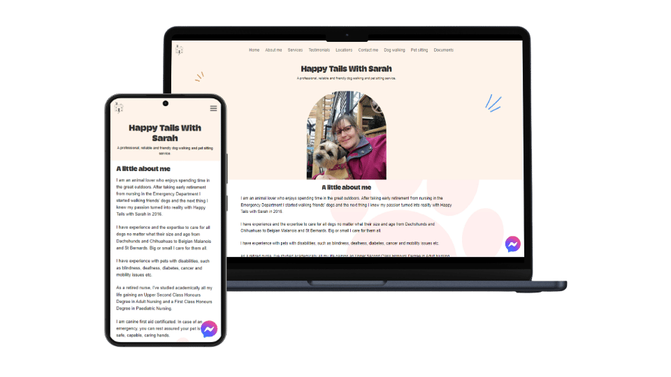 A mock up of a dog walking and pet sitting website happy tails with Sarah on a laptop and smartphone.